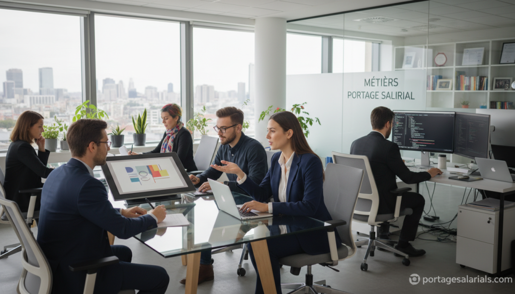 A professional office setting showcasing various freelance professionals engaged in their work, representing diverse fields in salaried portage. In the foreground, a confident consultant in smart business attire is discussing with a client at a modern conference table, while beside them, a digital marketer is typing on a laptop. In the middle, a graphic designer is sketching ideas on a tablet, and an IT specialist is analyzing data on a computer screen. The background features a large window with city views, allowing soft natural light to illuminate the workspace, creating a bright and encouraging atmosphere. The mood is collaborative and dynamic, highlighting the versatility of "métiers portage salarial." Include "portagesalarials.com" subtly integrated into the scene as part of a digital display on a monitor.