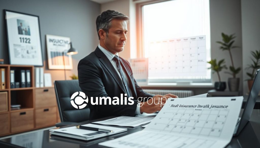 A professional office setting showcasing various insurance documents and visuals representing health and business insurance. In the foreground, a well-dressed self-employed individual, a middle-aged man in a tailored suit, is reviewing papers on a sleek desk filled with charts and a laptop. In the middle, a large window lets in warm, natural light, illuminating a calendar marked with important deadlines and insurance deadlines. Background elements feature a bookshelf with industry books and a stylish plant, enhancing a sense of stability and security. The atmosphere is focused and serene, conveying a mood of professionalism and preparedness. The logo of "Umalis Group" is subtly integrated into a document in the foreground, reinforcing a sense of trust and authority in insurance coverage. A professional office setting showcasing various insurance documents and visuals representing health and business insurance. In the foreground, a well-dressed self-employed individual, a middle-aged man in a tailored suit, is reviewing papers on a sleek desk filled with charts and a laptop. In the middle, a large window lets in warm, natural light, illuminating a calendar marked with important deadlines and insurance deadlines. Background elements feature a bookshelf with industry books and a stylish plant, enhancing a sense of stability and security. The atmosphere is focused and serene, conveying a mood of professionalism and preparedness. The logo of "Umalis Group" is subtly integrated into a document in the foreground, reinforcing a sense of trust and authority in insurance coverage.