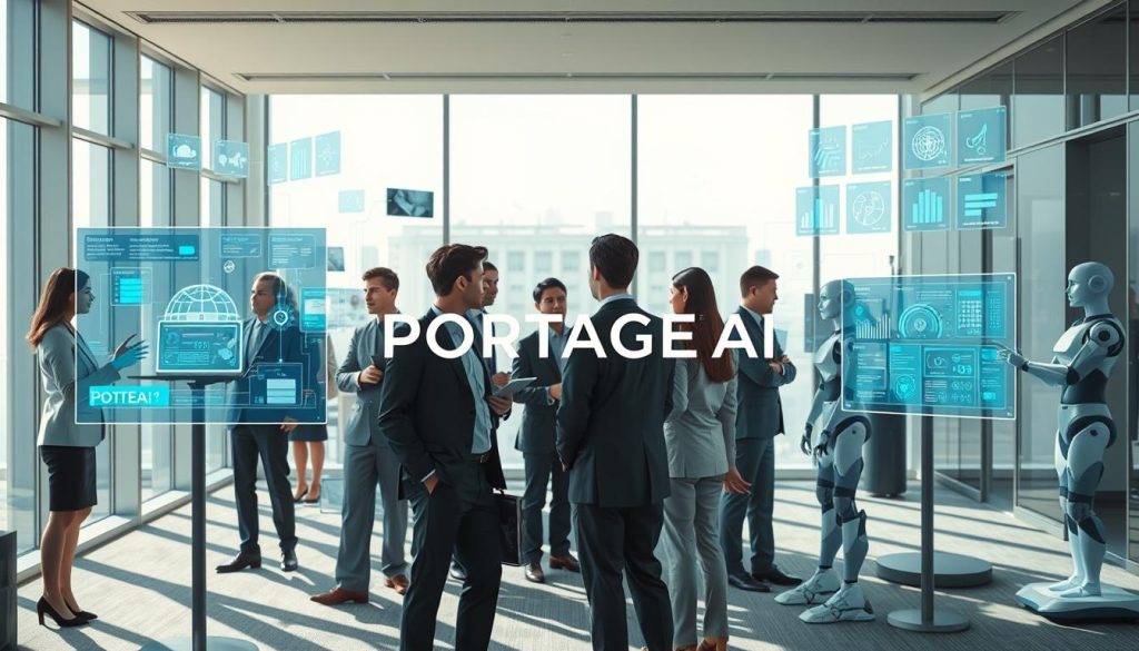 A professional office setting showcasing various practical applications of artificial intelligence. In the foreground, a diverse group of professionals in business attire interacts with advanced AI technology, like holographic displays and data analytics screens. The middle ground features robots assisting with tasks and collaboration tools highlighting AI efficiency. The background shows a sleek, modern office space with large windows, allowing natural light to create a bright and inviting atmosphere. Gentle shadows add depth to the scene. The overall mood is futuristic yet relatable, emphasizing how AI enhances workplace productivity. Include the brand name "PORTAGE AI" subtly integrated within the technology displays to reinforce the theme. A professional office setting showcasing various practical applications of artificial intelligence. In the foreground, a diverse group of professionals in business attire interacts with advanced AI technology, like holographic displays and data analytics screens. The middle ground features robots assisting with tasks and collaboration tools highlighting AI efficiency. The background shows a sleek, modern office space with large windows, allowing natural light to create a bright and inviting atmosphere. Gentle shadows add depth to the scene. The overall mood is futuristic yet relatable, emphasizing how AI enhances workplace productivity. Include the brand name "PORTAGE AI" subtly integrated within the technology displays to reinforce the theme.