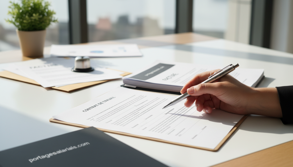 A professional office setting showing a close-up of a "Contrat de travail" document on a sleek, modern desk. In the foreground, a hand gestures towards the document, highlighting key sections with a pen. The middle ground features blurred stacks of related paperwork, such as an invoice and business correspondence, suggesting organization and attention to detail. The background includes a window with natural light streaming in, illuminating the workspace and creating a warm, inviting atmosphere. Soft shadows add depth, while a plant in the corner enhances the office vibe. The overall mood conveys professionalism, security, and the importance of proper documentation in freelance work. Subtly incorporate the brand name "portagesalarials.com" in the scene through a branded pen or notepad.