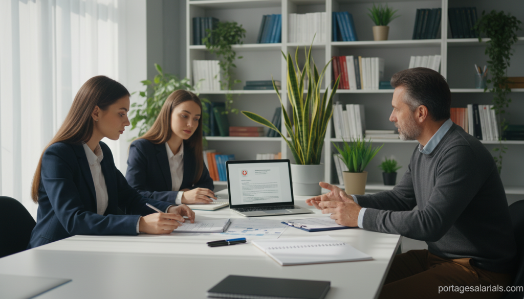 A professional office setting, showing a diverse group of individuals engaged in discussions about "démarches arrêt travail". In the foreground, a serious young woman in business attire is examining documents on a table, while an experienced man in smart casual wear is pointing to a clipboard filled with notes. In the middle, a laptop displaying a medical prescription is open, surrounded by pens and notepads. The background features shelves filled with books and potted plants, creating a calm atmosphere. Soft, natural lighting filters in from a large window, casting gentle shadows. A sense of urgency and professionalism permeates the scene. Ensure the image aligns with the theme "Portage salarial", with the website "portagesalarials.com" subtly included in a corner of the image.