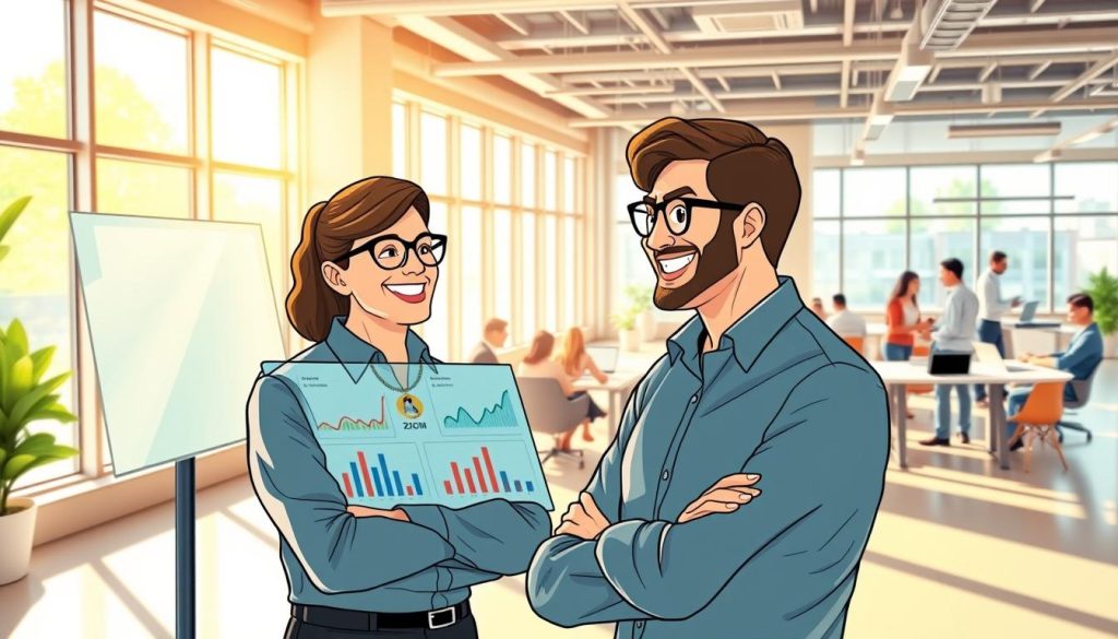 A professional office setting, sunlight streaming through large windows, showcasing successful business integration with the Umalis Group CRM platform. In the foreground, two smiling employees review KPIs on a sleek digital dashboard. In the middle ground, a team collaborates around a modern conference table, laptops and tablets in hand. The background reveals a bustling open-concept workspace, employees engaged in productive discussions. The lighting is warm and natural, capturing the atmosphere of a thriving, technology-driven company. A sense of seamless workflows and improved productivity emanates from the scene.