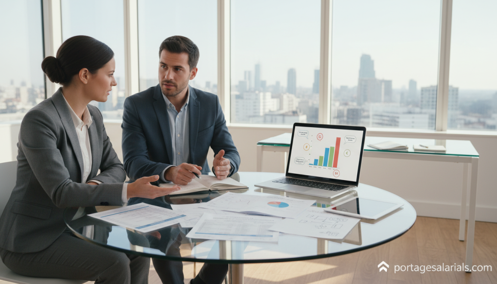 A professional office setting that conveys the concept of "rémunération" in the context of salary portability in France. In the foreground, a well-dressed businesswoman and businessman are engaged in a thoughtful discussion, surrounded by documents showing simulated salary breakdowns and pay slips. In the middle, a sleek, modern desk is cluttered with a laptop, charts, and notepads, illustrating hidden fees and financial figures. The background features large windows with natural light pouring in, adding warmth to the scene. The atmosphere is focused and professional, highlighting the importance of understanding compensation. The image subtly includes the brand name "portagesalarials.com" on the laptop screen, seamlessly integrated into the setting.