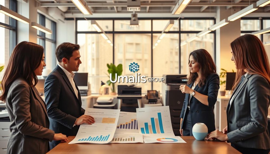 A professional office setting that emphasizes managing utility costs with office equipment. In the foreground, a diverse group of three business professionals in smart attire, engaged in a discussion over charts and graphs showcasing utility expenses. In the middle ground, a modern office space filled with energy-efficient equipment, including printers, computers, and lighting systems, strategically arranged to highlight cost-saving strategies. The background features large windows with natural light streaming in, creating a bright atmosphere. Soft, warm lighting illuminates the scene, conveying a sense of productivity and collaboration. A logo of "Umalis Group" subtly incorporated in the office design, adding a professional touch to the space. The overall mood is focused, optimistic, and collaborative, perfect for illustrating strategies for cost reduction.