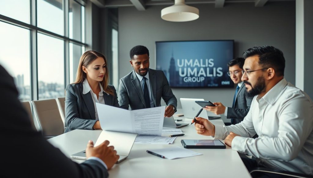 A professional office setting that reflects the concept of "entreprise portage". In the foreground, a diverse group of three professionals in smart business attire, a Caucasian woman and an African American man discussing a contract, and a Hispanic man taking notes on a tablet. The middle layer shows a large conference table with laptops, financial documents, and a logo of "UMALIS GROUP" visible on a presentation screen. The background depicts a modern office with large windows letting in natural light, showcasing a city skyline. The overall atmosphere is collaborative and focused, conveying professionalism and trust. The lighting is bright and airy to enhance productivity, captured from a slightly low angle to emphasize the importance of the discussion.