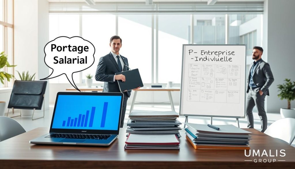 A professional office setting that visually contrasts two business concepts: "Portage Salarial" and "Entreprise Individuelle." In the foreground, a neatly arranged desk with files and a laptop displaying graphs and statistics. On one side, a confident individual in professional attire (suit or smart casual) holds a briefcase symbolizing Portage Salarial, with a thought bubble of collaboration and support. On the opposite side, another individual in similar attire stands by a whiteboard filled with personal business plans, symbolizing Entreprise Individuelle. The background features a bright, modern office space with large windows filtering in natural light, creating an atmosphere of professionalism and clarity. Incorporate subtle branding elements of "UMALIS GROUP" subtly integrated into the office environment. The scene balances the dynamics of both work models effectively.