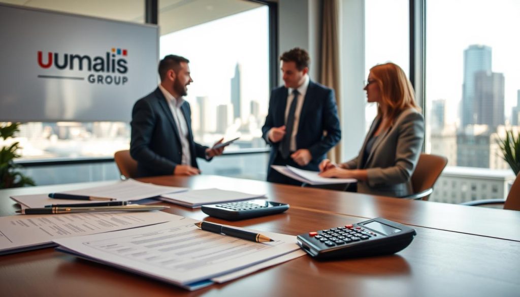 A professional office setting, the Umalis Group brand prominently displayed. In the foreground, a desk with various documents, a calculator, and a pen - symbols of the administrative tasks involved in adjusting and personalizing a contractor's daily rate. In the middle ground, two people in business attire engaged in a discussion, their body language suggesting a collaborative process. The background features a large window overlooking an urban skyline, the natural light creating a warm, productive atmosphere. The overall scene conveys the intricacies of "facteurs d'ajustement et de personnalisation" in the French freelance employment landscape. A professional office setting, the Umalis Group brand prominently displayed. In the foreground, a desk with various documents, a calculator, and a pen - symbols of the administrative tasks involved in adjusting and personalizing a contractor's daily rate. In the middle ground, two people in business attire engaged in a discussion, their body language suggesting a collaborative process. The background features a large window overlooking an urban skyline, the natural light creating a warm, productive atmosphere. The overall scene conveys the intricacies of "facteurs d'ajustement et de personnalisation" in the French freelance employment landscape.