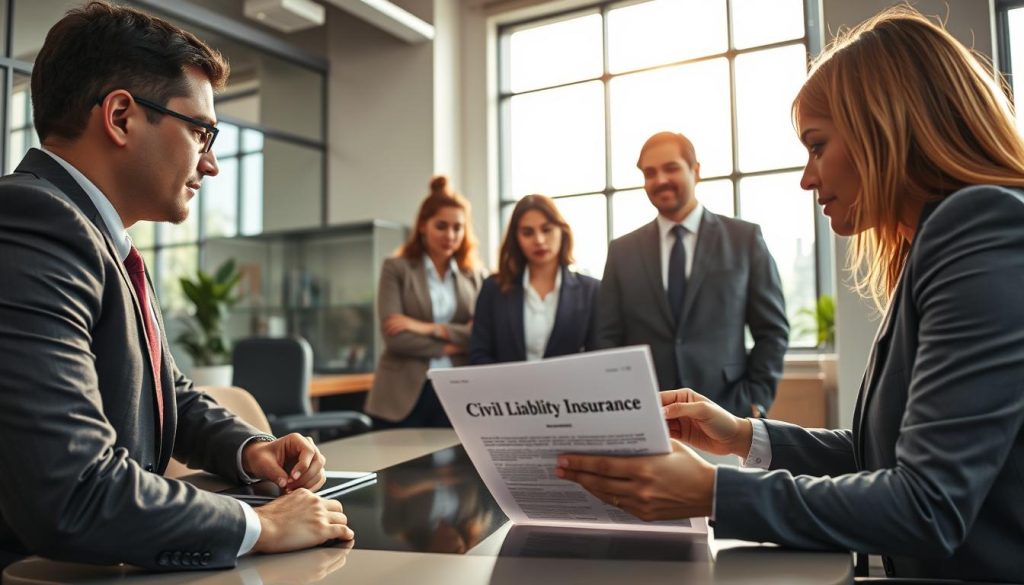 A professional office setting, vividly illustrating the concept of professional civil liability insurance. In the foreground, a diverse group of three professionals, dressed in smart business attire, are engaged in discussion over a document labeled "Civil Liability Insurance." The middle ground features a sleek conference table and modern office decor, emphasizing a collaborative atmosphere. In the background, large windows allow natural light to illuminate the space, creating a warm and inviting environment. The mood is serious yet optimistic, conveying the importance of understanding professional liability insurance for independent workers. Use a lens perspective that captures the group dynamics, highlighting their engagement and the document's significance, while maintaining a professional aesthetic throughout. A professional office setting, vividly illustrating the concept of professional civil liability insurance. In the foreground, a diverse group of three professionals, dressed in smart business attire, are engaged in discussion over a document labeled "Civil Liability Insurance." The middle ground features a sleek conference table and modern office decor, emphasizing a collaborative atmosphere. In the background, large windows allow natural light to illuminate the space, creating a warm and inviting environment. The mood is serious yet optimistic, conveying the importance of understanding professional liability insurance for independent workers. Use a lens perspective that captures the group dynamics, highlighting their engagement and the document's significance, while maintaining a professional aesthetic throughout.
