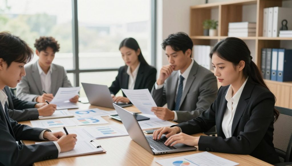 A professional office setting where a diverse group of business people are collaboratively working at a modern conference table, immersed in paperwork and digital devices. In the foreground, a focused woman in smart business attire types on a laptop, while a man beside her reviews documents with a thoughtful expression. The middle ground features a large window letting in natural light, illuminating a variety of files and charts scattered across the table, symbolizing efficient administrative management. In the background, shelves lined with books and organized files convey a sense of order and professionalism. The overall atmosphere is one of productivity and collaboration, capturing the essence of simplified administrative management that enhances both security and flexibility in the workplace. Soft, warm lighting enhances a welcoming yet professional mood.