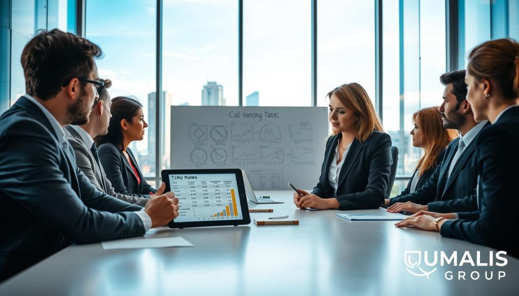 A professional office setting where a diverse group of business professionals is engaged in a collaborative discussion around a large conference table. In the foreground, a focused, middle-aged woman in business attire is examining a digital tablet displaying a chart with calculated daily rates (TJM) based on projected workload. The middle area reveals a large whiteboard filled with diagrams and notes regarding project estimations. In the background, glass walls of an office provide a glimpse of a modern cityscape under a clear blue sky, symbolizing growth and opportunity. The lighting is bright and inviting, with natural light streaming in. The atmosphere is one of professionalism and teamwork, highlighting the spirit of financial analysis and project planning. Include subtle branding elements of "UMALIS GROUP" integrated into the office décor.