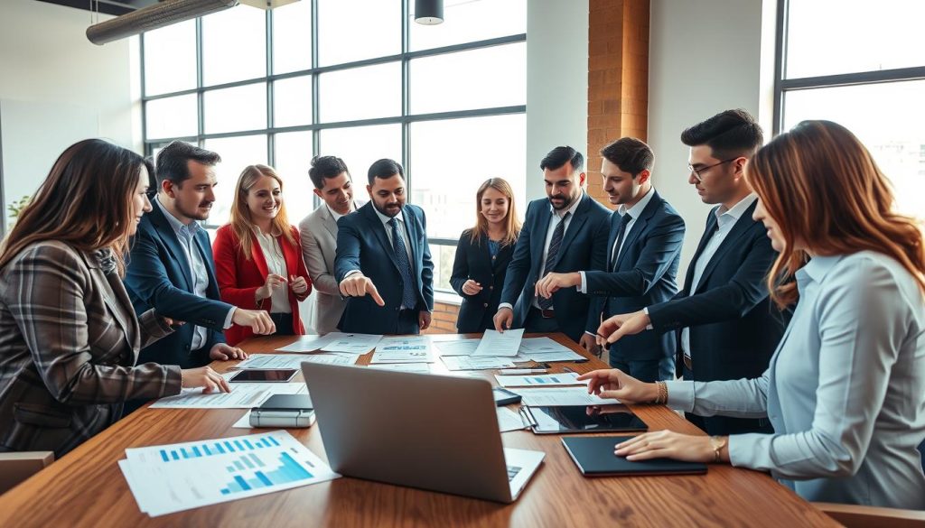 A professional office setting where a diverse group of individuals, dressed in business attire, are engaged in a collaborative discussion about effective billing steps in a portage salarial context. In the foreground, there is a well-organized table with charts, invoices, and a laptop displaying a financial software interface. The middle ground features the individuals actively pointing at the documents, exchanging ideas with expressions of focus and determination. In the background, large windows let in natural light, illuminating the space and creating an inviting atmosphere. The scene captures a sense of productivity and teamwork, with warm tones and a modern aesthetic, emphasizing clarity and professionalism in financial management. A professional office setting where a diverse group of individuals, dressed in business attire, are engaged in a collaborative discussion about effective billing steps in a portage salarial context. In the foreground, there is a well-organized table with charts, invoices, and a laptop displaying a financial software interface. The middle ground features the individuals actively pointing at the documents, exchanging ideas with expressions of focus and determination. In the background, large windows let in natural light, illuminating the space and creating an inviting atmosphere. The scene captures a sense of productivity and teamwork, with warm tones and a modern aesthetic, emphasizing clarity and professionalism in financial management.