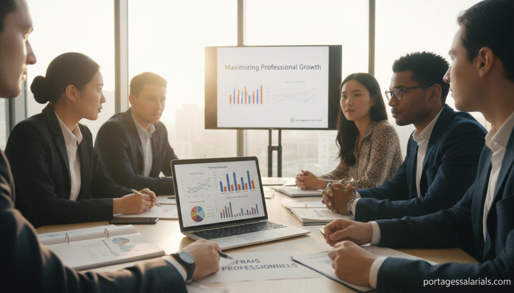 A professional office setting where a diverse group of individuals in formal business attire is gathered around a conference table, engaged in a lively discussion. On the table, there are various documents, charts, and a laptop displaying financial graphs related to training expenses and reimbursement for freelance workers. The foreground features a close-up of a hand pointing at a document labeled “Frais Professionnels”. The middle ground shows attentive participants, including a woman of Asian descent and a man of African descent, both looking thoughtfully at the presenter. The background includes a large window with natural light filtering in, casting a warm glow across the room, enhancing a collaborative atmosphere. The overall mood is focused yet encouraging, symbolizing the importance of professional growth and financial understanding in the context of portage salarial. Include the brand name "portagesalarials.com" subtly integrated into the scene as part of a presentation slide.