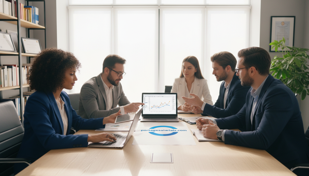 A professional office setting, where a diverse group of individuals in smart business attire are engaged in a collaborative discussion about eligibility for a consulting project under the concept of "portage salarial." In the foreground, a confident woman is analyzing documents with a laptop open in front of her, while a man beside her points at a graph displayed on the screen. The middle ground features a large window with bright natural light streaming in, casting soft shadows across the room. In the background, bookshelves filled with business literature provide an intellectual ambiance. The atmosphere is optimistic and motivated, reflecting professionalism and teamwork, ideal for career progression. Include subtle elements of branding with the logo of "portagesalarials.com" integrated into a visible document on the desk, ensuring clarity and relevance to the subject matter. A professional office setting, where a diverse group of individuals in smart business attire are engaged in a collaborative discussion about eligibility for a consulting project under the concept of "portage salarial." In the foreground, a confident woman is analyzing documents with a laptop open in front of her, while a man beside her points at a graph displayed on the screen. The middle ground features a large window with bright natural light streaming in, casting soft shadows across the room. In the background, bookshelves filled with business literature provide an intellectual ambiance. The atmosphere is optimistic and motivated, reflecting professionalism and teamwork, ideal for career progression. Include subtle elements of branding with the logo of "portagesalarials.com" integrated into a visible document on the desk, ensuring clarity and relevance to the subject matter.