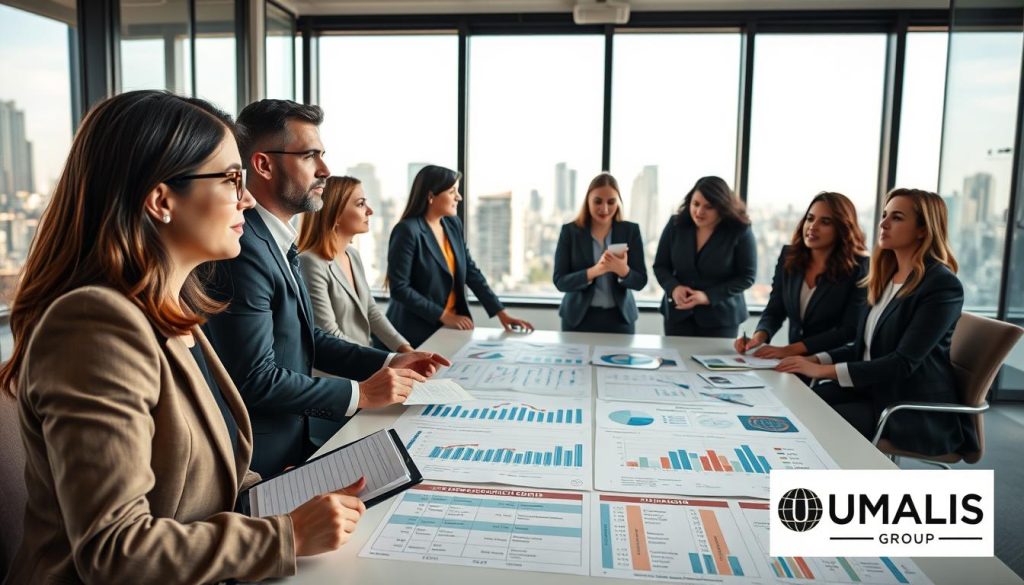 A professional office setting where a diverse group of individuals in tailored business attire are engaged in a dynamic discussion around choosing the ideal career status. In the foreground, a woman with glasses and a notepad appears thoughtful, while a man beside her gestures enthusiastically. The middle ground features a large table filled with charts and documents about freelance and portage salarial options. In the background, a window reveals a city skyline, with soft natural light illuminating the space, creating a bright and optimistic atmosphere. The overall mood is collaborative and inspiring, emphasizing strategic decision-making for careers. Include the logo of UMALIS GROUP subtly displayed in the corner of the image.