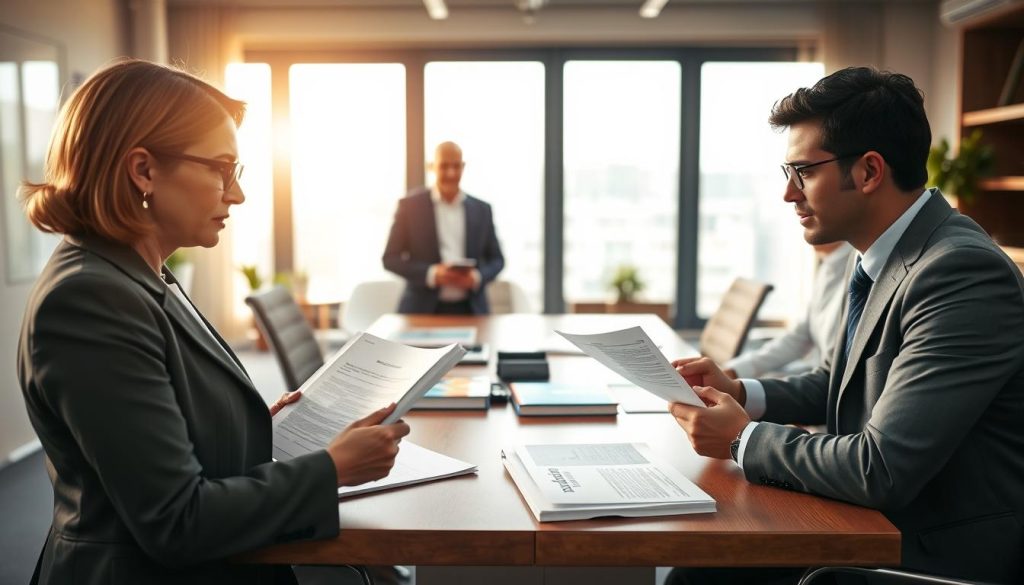 A professional office setting where a diverse group of international consultants is engaged in a discussion about tax and social security details. In the foreground, a middle-aged woman in a smart business suit is reviewing official documents, while a young man in casual business attire attentively listens. The middle ground features a sleek wooden conference table covered in tax guides and legal papers, with the logo of "Umalis Group" subtly visible on some documents. In the background, a large window lets in warm natural light, creating a bright and inviting environment. Use a soft focus lens effect to highlight the consultants, creating a sense of clarity and importance around their work. The mood is serious yet collaborative, emphasizing the importance of verifying tax and social security details with current official guidance.