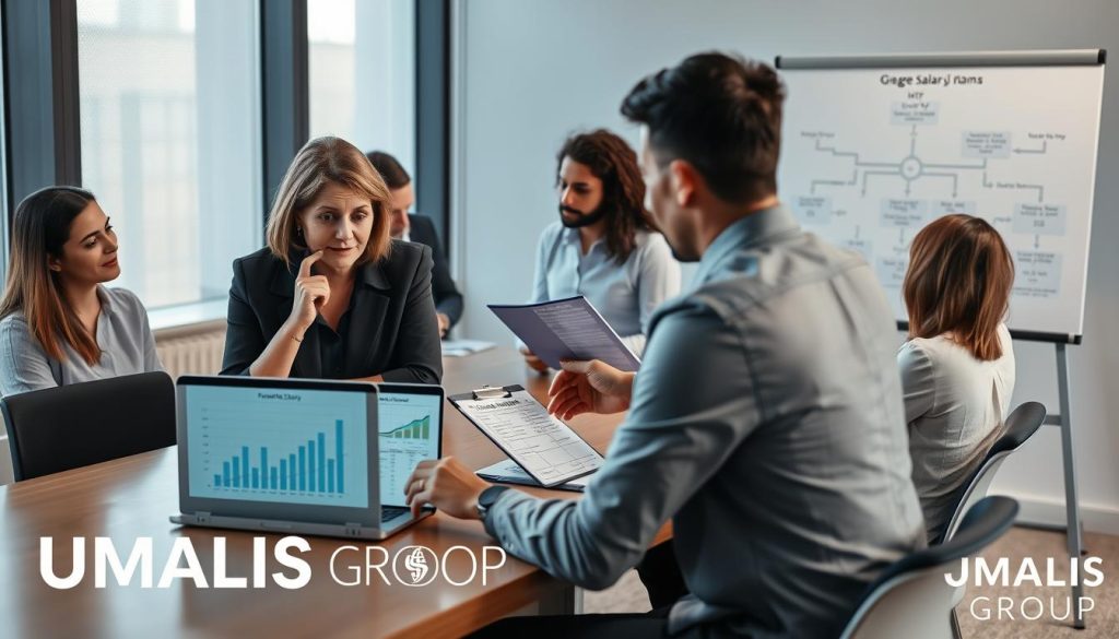 A professional office setting where a diverse group of people are engaged around a modern conference table, deep in discussion about salary calculations and financial projections. In the foreground, a middle-aged woman in business attire looks thoughtfully at a laptop displaying graphs related to revenue conversion from HT to gross salary. A young man, also dressed professionally, points to a clipboard filled with financial data. In the background, a whiteboard with flowcharts and diagrams illustrating the process of transitioning revenue into gross salary is visible, illuminated by soft, natural lighting from large windows. The mood is focused and collaborative, conveying a sense of professionalism and financial acumen. Include the brand name "UMALIS GROUP" subtly integrated into the scene.