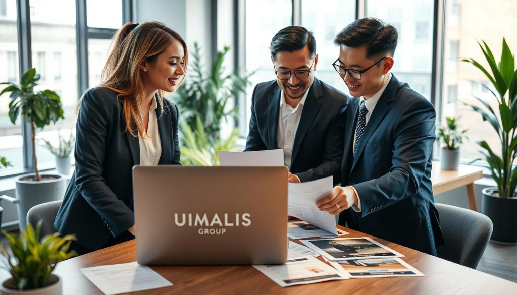 A professional office setting where a diverse group of three individuals, a Caucasian woman, a Black man, and an Asian man, are engaged in a collaborative discussion around a table. They are dressed in smart business attire, exuding a sense of professionalism and teamwork. The foreground features a laptop displaying the brand "UMALIS GROUP" and various documents about "portage salarial." The middle ground includes plants and modern office decor, suggesting a vibrant workplace. In the background, large windows allow natural light to flood the room, illuminating the scene and creating an inviting atmosphere. The lighting is soft and warm, enhancing feelings of trust and collaboration, while the overall mood is focused and optimistic, symbolizing the benefits of employee status in portage salarial.