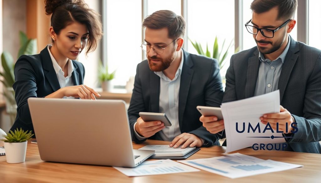 A professional office setting, where a diverse group of three people are analyzing salary calculations on a laptop. In the foreground, a businesswoman in a smart blazer is pointing at a graph on the screen, while a man in a crisp shirt takes notes. Next to them, another person, wearing glasses, examines a calculator. On the desk, there are documents with charts and figures related to payroll. The background should feature a modern office with plants and a large window letting in soft, natural light, creating a bright and inviting atmosphere. The branding “UMALIS GROUP” is subtly integrated into the environment, perhaps on a business card or document. The composition captures a collaborative and focused mood, emphasizing professionalism and teamwork.