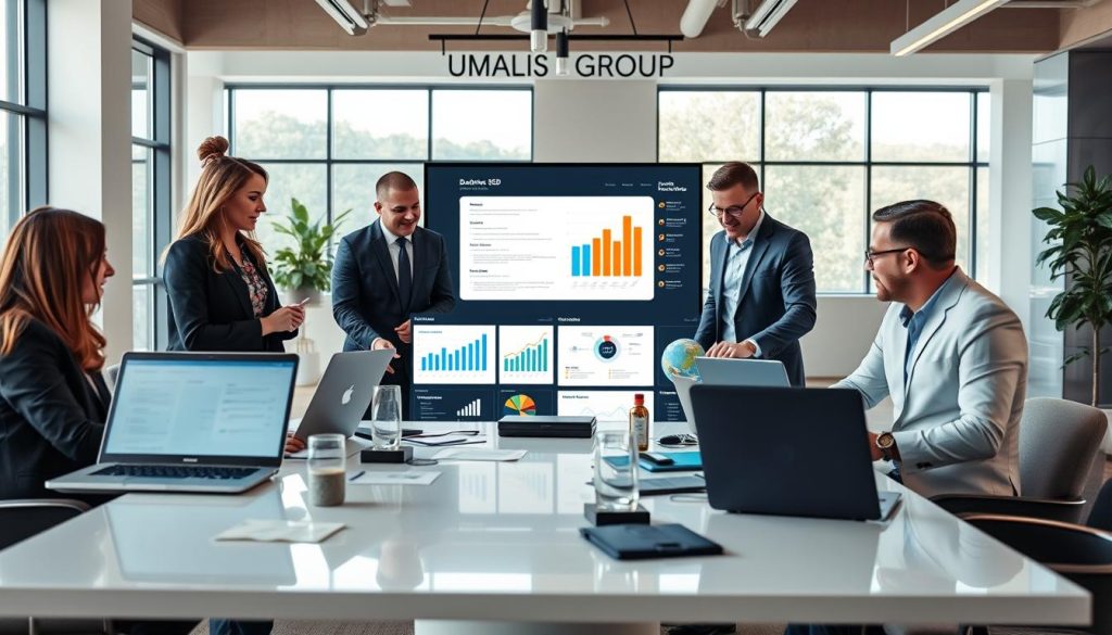 A professional office setting where digital marketing experts are preparing a website to attract quality backlinks. In the foreground, a diverse team of three professionals—one woman and two men—all dressed in smart business attire, are engaged in a brainstorming session around a sleek table filled with laptops, charts, and SEO tools. The middle ground features a large digital display showcasing analytics and backlink strategies. The background shows a modern office with large windows, allowing natural light to flood in, creating a bright and inviting atmosphere. The overall mood is collaborative and focused, reflecting creativity and determination. The brand name "UMALIS GROUP" is subtly present in the workspace decor, reinforcing the professional setting.