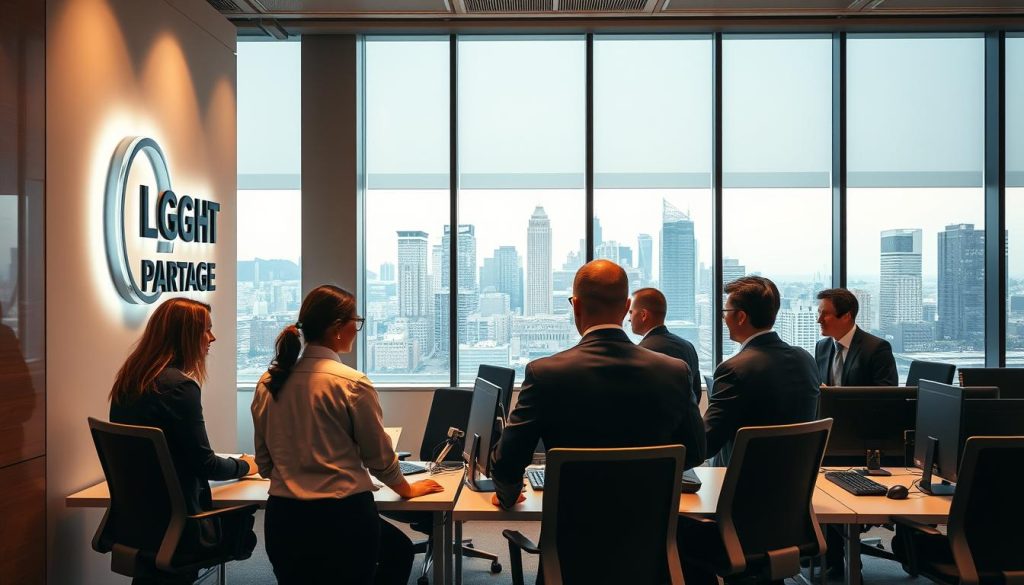 A professional office setting, with a LIGHT PORTAGE logo prominently displayed on the wall. In the foreground, a group of business people engaged in a meeting, their faces and body language conveying a sense of collaboration and focus. The middle ground features ergonomic desks and sleek office furniture, while the background showcases floor-to-ceiling windows overlooking a bustling city skyline. Warm, directional lighting illuminates the scene, creating a sense of productivity and professionalism. The overall atmosphere is one of expertise, innovation, and a commitment to excellence across various industries.