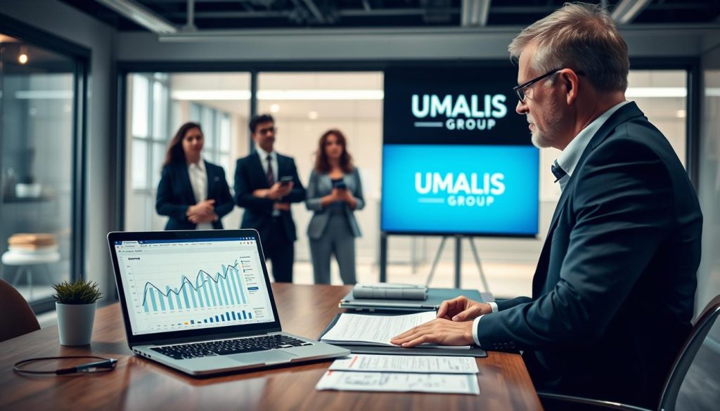 A professional office setting with a business consultant discussing compensation for sick leave, symbolizing "indemnités journalières." In the foreground, a carefully arranged desk with a laptop displaying graphs and documents, signifying financial details. In the middle ground, a diverse group of three professionals in smart business attire, listening and taking notes, reflecting a serious yet supportive atmosphere. The background features a large window with soft, natural light illuminating the room, creating a warm and inviting mood. The branding "UMALIS GROUP" subtly placed on a presentation screen in the background, reinforcing the context of employee compensation. Capture this scene with a slight depth of field effect, focusing on the consultant while softly blurring the background.