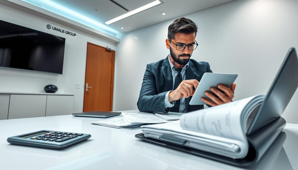 A professional office setting with a businessman meticulously reviewing expenses on a digital device. Bright, crisp lighting illuminates a sleek, modern desk adorned with the Umalis Group logo. In the foreground, a calculator, receipts, and a carefully organized folder lay neatly arranged. The middle ground features the businessman, his expression focused as he navigates expense management software on a high-resolution touchscreen. The background showcases a minimalist, tech-forward environment with clean lines and neutral tones, emphasizing the efficiency and professionalism of expense handling.