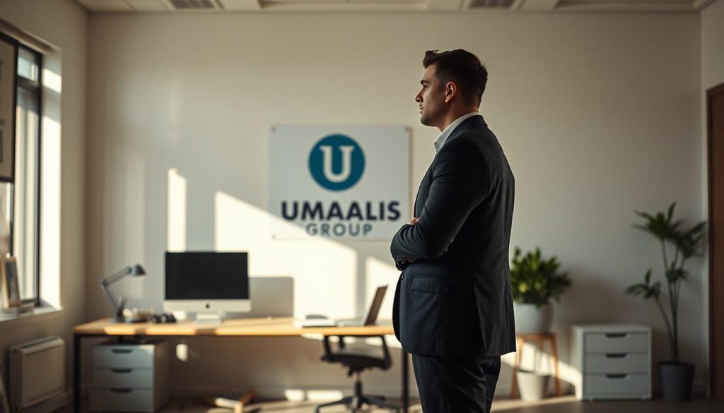 A professional office setting with a businessman standing in the foreground, contemplating the advantages and limitations of professional liability insurance (RC Pro) for a portage salarial arrangement. Soft, natural lighting illuminates the scene, casting subtle shadows. The middle ground features a desk with a computer and various office supplies, symbolizing the administrative aspects of the insurance policy. In the background, a UMALIS GROUP logo is prominently displayed, indicating the context of the scene. The overall mood is one of thoughtful consideration, balancing the benefits and constraints of the RC Pro coverage.