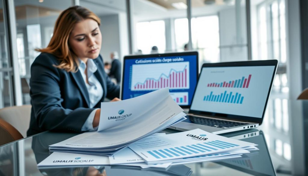 A professional office setting with a clear desk featuring documents and charts that represent "cotisations sociales" and "charges sociales". In the foreground, a focused business professional, dressed in business attire, analyzes these financial papers. The middle layer showcases a stylish laptop displaying graphs and figures related to social contributions. The background reveals a modern office space with glass walls, soft natural lighting streaming in, creating a productive atmosphere. The color palette is calm and professional, incorporating blues and grays. Subtle branding of "UMALIS GROUP" is integrated into the documents or laptop screen, enhancing the professional tone without dominating the image. The overall mood is one of clarity, professionalism, and analysis. A professional office setting with a clear desk featuring documents and charts that represent "cotisations sociales" and "charges sociales". In the foreground, a focused business professional, dressed in business attire, analyzes these financial papers. The middle layer showcases a stylish laptop displaying graphs and figures related to social contributions. The background reveals a modern office space with glass walls, soft natural lighting streaming in, creating a productive atmosphere. The color palette is calm and professional, incorporating blues and grays. Subtle branding of "UMALIS GROUP" is integrated into the documents or laptop screen, enhancing the professional tone without dominating the image. The overall mood is one of clarity, professionalism, and analysis.
