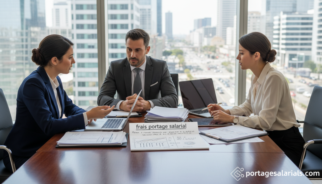 A professional office setting with a clear focus on financial discussions. In the foreground, a diverse group of three business professionals engaged in a serious conversation, each dressed in business attire: a woman in a tailored blazer and skirt, a man in a crisp suit, and a woman in a smart blouse and pants. In the middle ground, a large conference table is filled with documents, laptops, and a notepad showcasing calculations and notes about "frais portage salarial." The background features large windows allowing natural light to flood the room, with cityscape views to symbolize business dynamics. The atmosphere is serious yet collaborative, conveying an air of professionalism and financial responsibility. The logo "portagesalarials.com" subtly integrated into a document on the table. A professional office setting with a clear focus on financial discussions. In the foreground, a diverse group of three business professionals engaged in a serious conversation, each dressed in business attire: a woman in a tailored blazer and skirt, a man in a crisp suit, and a woman in a smart blouse and pants. In the middle ground, a large conference table is filled with documents, laptops, and a notepad showcasing calculations and notes about "frais portage salarial." The background features large windows allowing natural light to flood the room, with cityscape views to symbolize business dynamics. The atmosphere is serious yet collaborative, conveying an air of professionalism and financial responsibility. The logo "portagesalarials.com" subtly integrated into a document on the table.