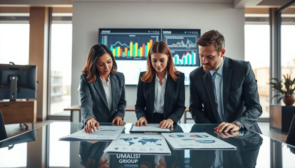 A professional office setting with a clear focus on isolating expenses from revenue projections. In the foreground, a diverse group of three business professionals—two women and one man—dressed in smart business attire, are intently reviewing financial documents and charts on a sleek glass table. Their expressions reflect concentration and collaboration. In the middle ground, an elegant wall-mounted screen displays colorful graphs and charts, emphasizing costs and revenue streams. The background features a bright, modern office with large windows allowing natural light to flood in, creating a warm and productive atmosphere. The overall mood conveys professionalism and strategic planning. The brand name "UMALIS GROUP" subtly integrated into a document on the table, enhancing the professional context.