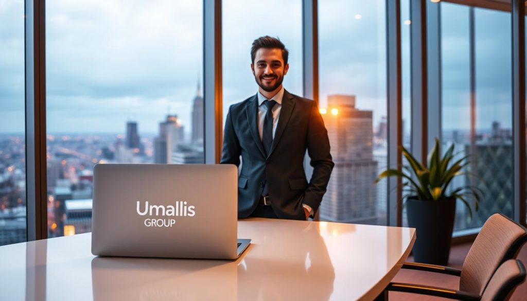 A professional office setting with a consultant in a crisp, tailored suit standing at a sleek, modern desk. The lighting is warm and inviting, casting a soft glow across the scene. In the background, a large window overlooking a bustling city skyline. On the desk, a laptop bearing the Umalis Group logo, symbolizing the consultancy's expertise in "portage salarial" - the process of providing independent professionals with a salaried employment structure. The overall atmosphere conveys a sense of professionalism, opportunity, and the strategic guidance offered by the Umalis Group's "portage salarial" services.
