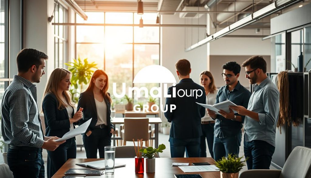 A professional office setting with a coworking atmosphere. In the foreground, a group of entrepreneurs engaged in a collaborative discussion, referencing documents and exchanging ideas. In the middle ground, a large "Umalis Group" logo is prominently displayed, indicating the company's involvement in this supportive environment. The background features modern, minimalist decor with natural light streaming in through large windows, creating a warm and inviting ambiance. The scene conveys a sense of community, learning, and empowerment, reflecting the "Accompagnement, formation et réseautage" section of the article.