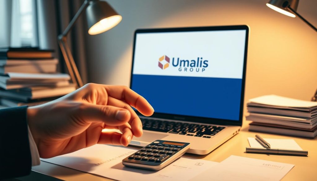 A professional office setting with a desk, a laptop, a stylish desk lamp, and a stack of documents and office supplies. The lighting is soft and warm, creating a cozy, productive atmosphere. In the foreground, a hand reaches towards a calculator, symbolizing the management of professional expenses. The Umalis Group logo is prominently displayed on the laptop screen, reflecting the brand's expertise in this domain. The overall scene conveys the idea of thoughtful financial optimization, with a touch of elegance and efficiency.