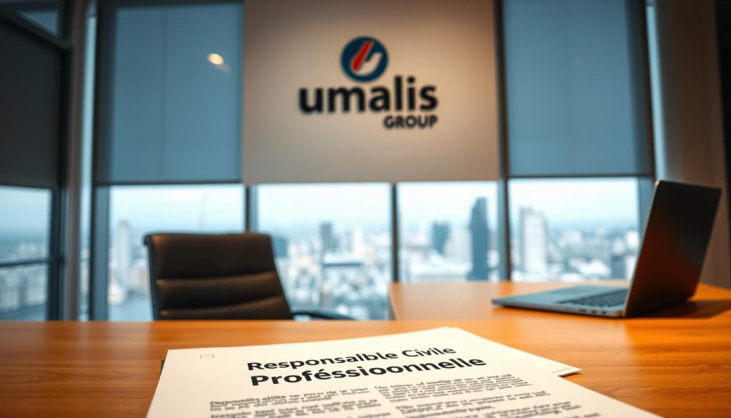 A professional office setting with a desk, chair, and laptop computer. In the foreground, a document titled "Responsabilité Civile Professionnelle" sits prominently on the desk, underscoring the subject matter. The middle ground features a wall-mounted Umalis Group logo, conveying the connection to the article's topic. Warm, natural lighting casts a soft glow, creating an atmosphere of professionalism and trust. The background showcases a serene cityscape through a large window, symbolizing the safety and security provided by the "Responsabilité Civile Professionnelle" coverage. The overall scene emphasizes the importance of professional liability insurance for projects, as highlighted in the article's section on "Responsabilité Civile Professionnelle et Garantie Financière".