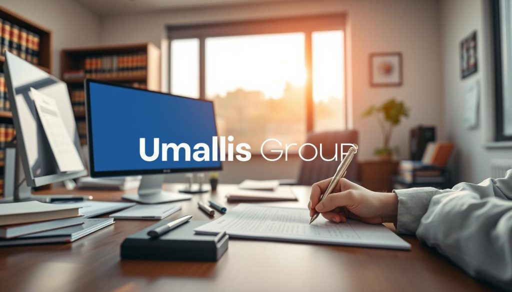 A professional office setting with a desk, computer, and various office supplies, illuminated by soft, natural lighting from a large window. In the foreground, a person's hands are signing legal documents, representing the registration process for a business. The Umalis Group logo is prominently displayed on the desk or computer screen. In the background, a bookshelf filled with legal volumes and a calendar suggest the administrative aspects of the business registration. The overall mood is one of efficiency, professionalism, and attention to detail, reflecting the steps involved in the commercial registry process.