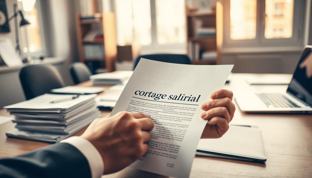 A professional office setting with a desk, laptop, and stacks of documents, illuminated by warm, natural lighting through large windows. In the foreground, a businessperson's hands carefully reviewing a contract labeled "portage salarial" against a backdrop of blurred office supplies and a bookshelf. The composition conveys a sense of focused attention and attention to detail, reflecting the legal nuances of this French employment model.