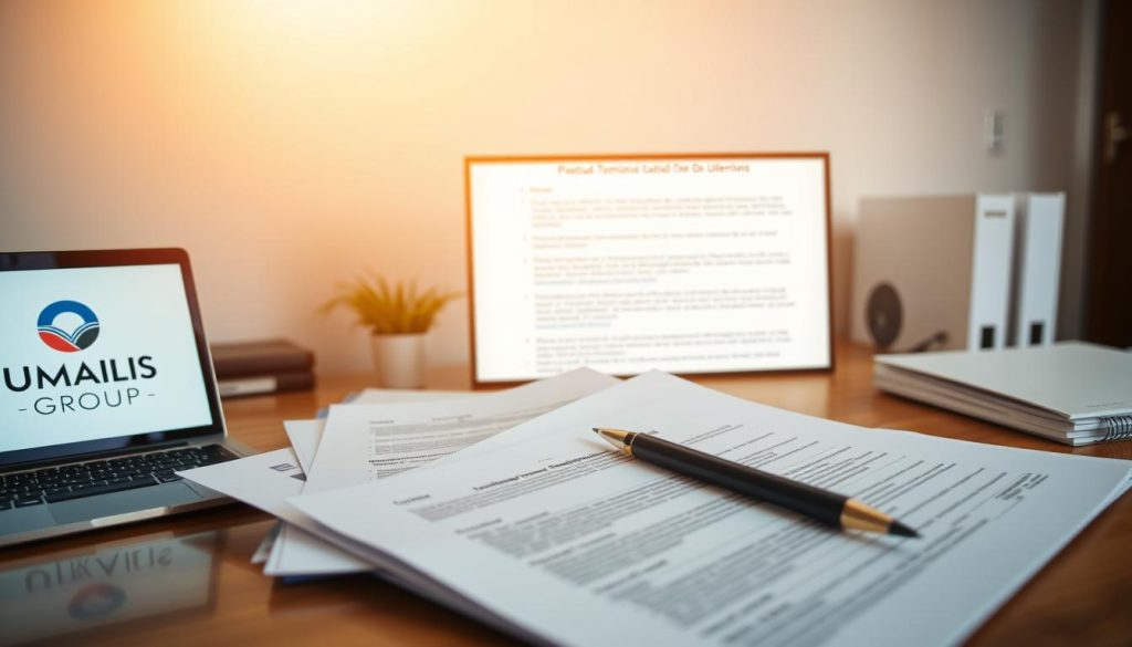 A professional office setting with a desk, laptop, and various documents and files. The UMALIS GROUP logo is prominently displayed on the desk or wall. Soft lighting illuminates the scene, creating a warm and productive atmosphere. The documents on the desk and computer screen depict the legal obligations and documentation related to temporary employment, highlighting the key requirements and guidelines for the "portage salarial" system. The overall composition conveys a sense of diligence, responsibility, and attention to compliance within the temporary employment industry.