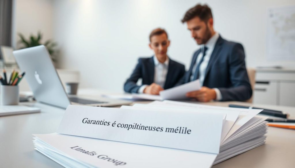 A professional office setting with a desk, laptop, and various office supplies. In the foreground, a stack of insurance policy documents labeled "Garanties complémentaires métier" from the Umalis Group. The middle ground features a well-dressed business person reviewing the documents, conveying a sense of diligence and attention to detail. The background showcases a minimalist, yet elegant, office environment with neutral tones and clean lines, creating a sophisticated and trustworthy atmosphere.