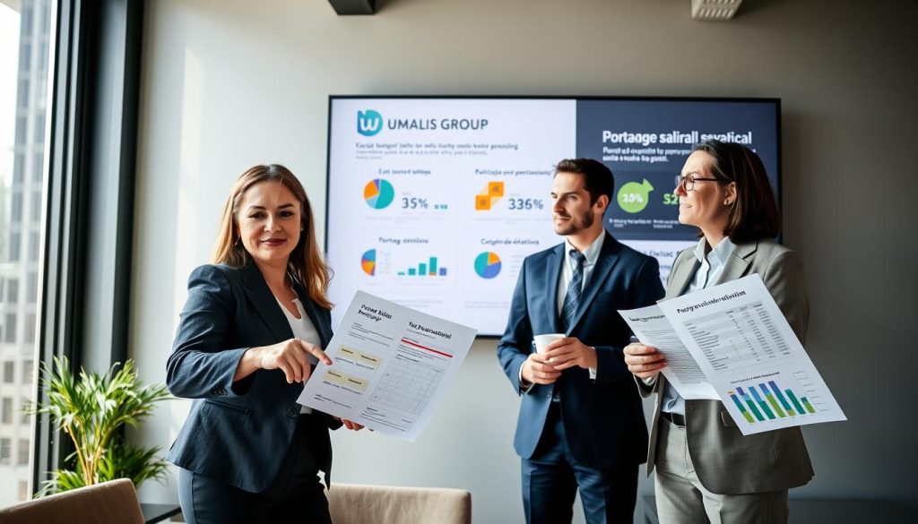 A professional office setting with a diverse group of business people discussing financial documents. In the foreground, a confident woman in a professional business suit points at charts showing tax deductions, with a laptop open beside her. In the middle, a man in a smart casual outfit takes notes, while another individual, dressed in business attire, observes thoughtfully, holding a coffee cup. The background features a large screen displaying the logo "UMALIS GROUP" and infographics about fiscal benefits related to portage salarial. Soft, natural lighting filters through large windows, creating a positive and collaborative atmosphere. The angle is slightly elevated, capturing the essence of teamwork and financial professionalism without any text or distractions.