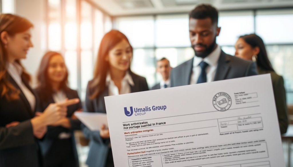 A professional office setting with a diverse group of foreign professionals, dressed in business attire, focused on reviewing documents related to "Work authorization for portage salarial in France." In the foreground, a close-up of a detailed work authorization document with the "Umalis Group" logo prominently displayed, showcasing elements like stamps and signatures. In the middle ground, one professional, a woman of Asian descent, is discussing details with a man of African descent, both pointing at the document, conveying collaboration. The background features a soft-focus office environment with large windows letting in natural light, creating a bright and inviting atmosphere. The mood is focused yet optimistic, illustrating the importance of understanding immigration and work authorization separately.