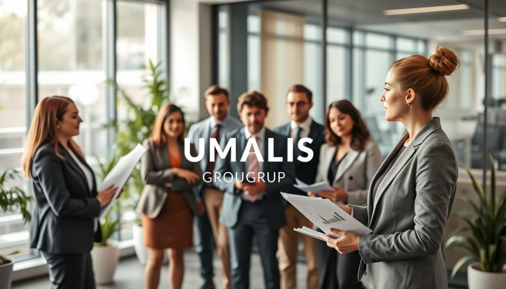 A professional office setting with a diverse group of individuals engaged in a collaborative discussion centered around the themes of career assessment and personal growth. In the foreground, a woman in a smart business suit is presenting a report on the "Règles du bilan de compétences et financement CPF" using visual aids like charts and graphs. The middle ground features a diverse group of men and women, dressed in professional attire, taking notes and actively participating. In the background, modern office elements like glass walls and potted plants enhance the atmosphere. Soft, natural lighting filters through large windows, creating a warm and inviting ambiance, emphasizing themes of independence and growth in a professional context. The logo "UMALIS GROUP" subtly incorporated into a presentation visual.
