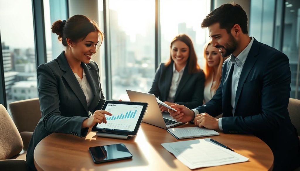 A professional office setting with a diverse group of individuals engaged in a discussion about "Conditions d'accès au portage salarial." In the foreground, a businesswoman in a tailored suit gestures towards a digital tablet displaying financial graphs. Beside her, a businessman in smart casual attire takes notes, looking attentive. In the middle, a round table is adorned with laptops and business documents. The background features a large window with natural light streaming in, revealing an urban skyline. Soft, warm lighting creates a friendly yet professional atmosphere. The image should incorporate the brand name "UMALIS GROUP" subtly on one of the documents on the table. Use a slightly elevated angle to capture the collaborative spirit of the discussion, focusing on the interplay between the individuals and the workspace.