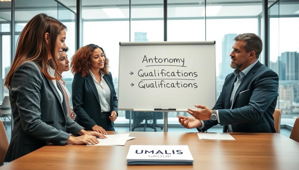 A professional office setting with a diverse group of individuals engaged in a discussion about contract work. In the foreground, two businesspeople, a woman in a smart blazer and a man in a crisp shirt, are reviewing documents on a table. In the middle ground, a whiteboard displays key concepts related to employee autonomy and qualifications, such as "Autonomy" and "Qualifications," written in an organized manner. The background features a modern office space with glass walls and a city skyline visible through the windows, symbolizing opportunity. Soft, natural lighting creates a collaborative atmosphere. The image subtly incorporates the logo of "UMALIS GROUP" on a brochure on the table, emphasizing professionalism and clarity without any text overlays.