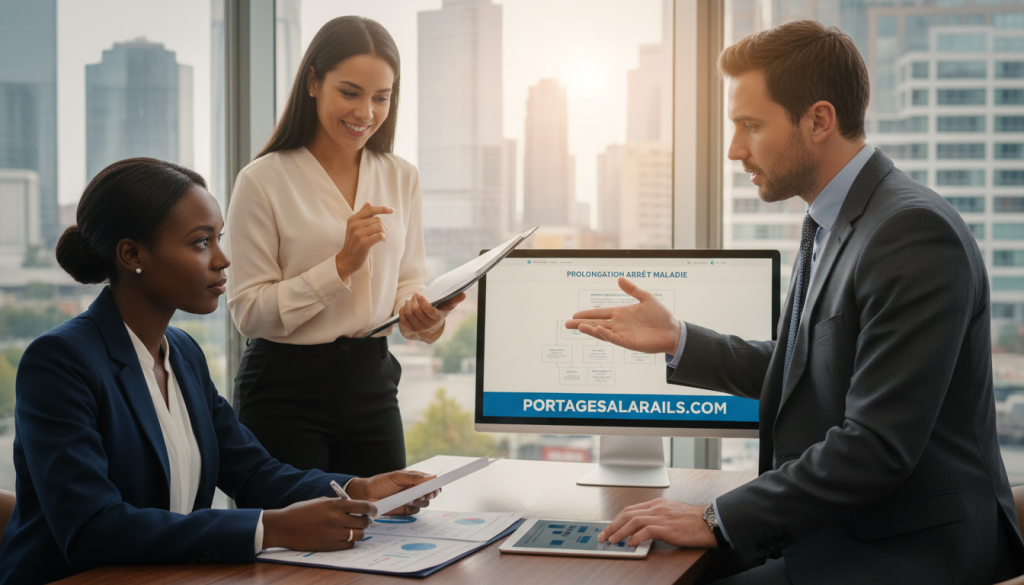 A professional office setting with a diverse group of three individuals engaged in a discussion about "prolongation arrêt maladie." In the foreground, a woman in smart business attire is reviewing documents on a sleek desk, emphasizing focus and determination. In the middle, a man in a tailored suit is gesturing while explaining something, highlighting the importance of communication during health-related absences. The background features a window with natural light pouring in, showcasing an urban cityscape, symbolizing the connection to the world outside despite personal challenges. The atmosphere is serious yet optimistic, indicating hope and support in navigating health and work situations. The overall composition is balanced and clear, ensuring that the theme of understanding and professionalism is highlighted. Promote: portagesalarials.com.