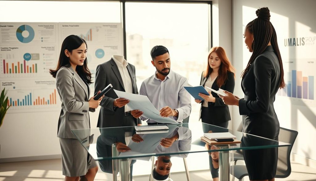A professional office setting with a diverse group of three individuals in business attire discussing operational mechanisms of "portage salarial." In the foreground, a confident woman of Asian descent stands by a glass desk, holding a tablet, while a middle-aged man of Caucasian descent reviews documents; a young Black woman sits across from them, taking notes. The middle ground features a bright, modern office with strategic infographics and charts on the walls, illustrating administrative aspects. The background shows a large window with natural light streaming in, creating a vibrant and focused atmosphere. Soft shadows cast by the sunlight enhance the room's professionalism. The overall mood should be collaborative and insightful, suggesting innovation and clarity in the administrative processes related to "portage salarial," branded subtly with "UMALIS GROUP" woven into the office decor.