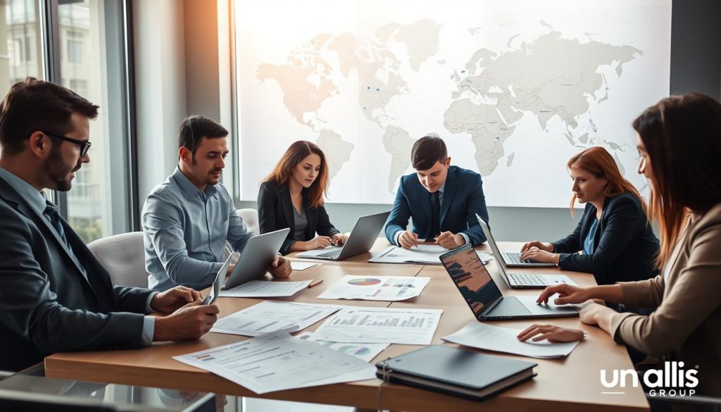 A professional office setting with a focus on "Cross-border contract and payroll process" for remote consulting. In the foreground, a diverse group of professionals in smart business attire, including a French consultant and international clients working on laptops and documents, discussing contracts and payroll details. The middle layer features contracts and payroll sheets spread out on a conference table, with visible graphs and charts illustrating financial processes. In the background, a large world map highlights connections between France and other countries, symbolizing global reach. Soft, natural light filters through large windows, creating a collaborative and motivational atmosphere. The brand logo "Umalis Group" subtly integrated into the environment, on a wall or document, without overshadowing the main subjects.