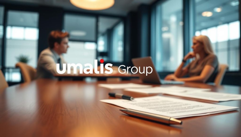 A professional office setting with a focus on a negotiation table, featuring the Umalis Group logo prominently displayed. On the table, there are documents, a pen, and a laptop, suggesting a discussion around contract terms and changes. The lighting is warm and inviting, with a hint of natural daylight filtering in through large windows. The background is slightly blurred, emphasizing the central table and the individuals seated around it, deep in discussion. The overall atmosphere conveys a sense of professionalism, attention to detail, and the importance of carefully managing scope changes and termination clauses in a freelance work agreement.