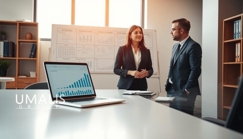 A professional office setting with a focus on administration and financial management, featuring a sleek desk with a laptop displaying graphs and financial data. In the foreground, a businesswoman in professional attire is discussing with a business consultant, both engaged in a productive conversation. The middle background showcases a large whiteboard with strategic plans and a calendar, representing organization and efficiency. Soft natural lighting from a nearby window creates a warm, inviting atmosphere, while the background includes shelves filled with business books and binders. A logo of "UMALIS GROUP" is subtly integrated into the scene, enhancing the business theme without overwhelming the viewer. The overall mood is one of professionalism, focus, and collaboration.