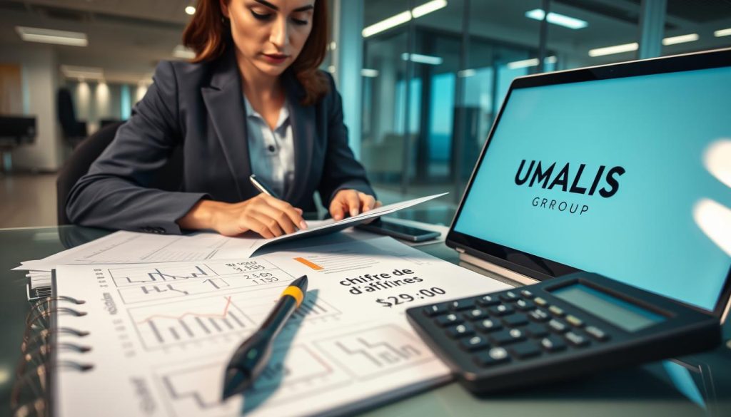 A professional office setting with a focus on calculating business revenue. In the foreground, a well-dressed businesswoman in smart attire is intently analyzing financial documents and statistics on a laptop. Beside her, an elegant calculator displays figures related to "chiffre d’affaires." The middle ground features a large notepad filled with graphs, charts, and annotations, demonstrating calculations of portage salarial charges. The background shows a modern office environment with glass walls and a view of a city skyline. The lighting is bright and focused, enhancing the feeling of clarity and professionalism. The atmosphere is serious yet productive, showcasing the importance of finance in business operations. Include subtle branding elements of "UMALIS GROUP" in the form of a logo on the laptop screen.