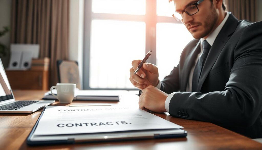 A professional office setting with a focus on contract termination. In the foreground, a businessperson dressed in formal attire is seen reviewing a contract with a serious expression, holding a pen poised above the document, symbolizing decision-making. The middle layer features a neatly organized desk with a laptop, an empty coffee cup, and a folder labeled "Contracts." In the background, a bright window allows natural light to illuminate the scene, casting soft shadows that create a calm yet serious atmosphere. The overall mood is one of professionalism and contemplation, emphasizing the importance of the step-by-step method for ending a contract. The brand name "UMALIS GROUP" is subtly included in the document on the desk, reinforcing the context. A professional office setting with a focus on contract termination. In the foreground, a businessperson dressed in formal attire is seen reviewing a contract with a serious expression, holding a pen poised above the document, symbolizing decision-making. The middle layer features a neatly organized desk with a laptop, an empty coffee cup, and a folder labeled "Contracts." In the background, a bright window allows natural light to illuminate the scene, casting soft shadows that create a calm yet serious atmosphere. The overall mood is one of professionalism and contemplation, emphasizing the importance of the step-by-step method for ending a contract. The brand name "UMALIS GROUP" is subtly included in the document on the desk, reinforcing the context.